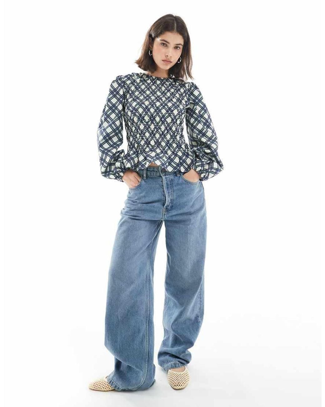 ASOS Blue Slash Neck Shirred Long Sleeve Top