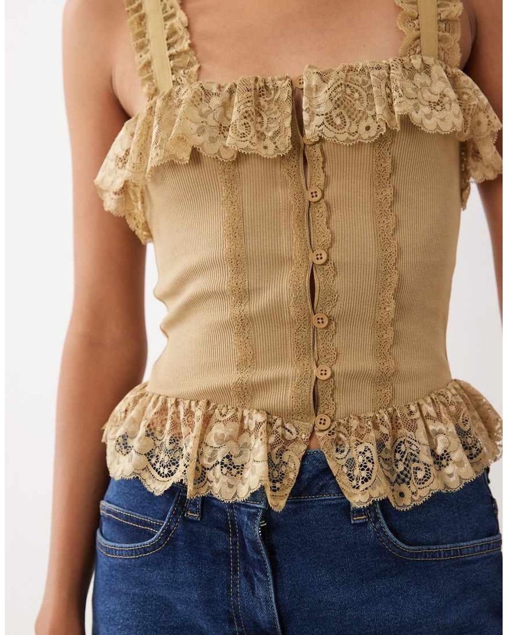 Miss Selfridge Blue Button Through Cami Corset Top With Lace