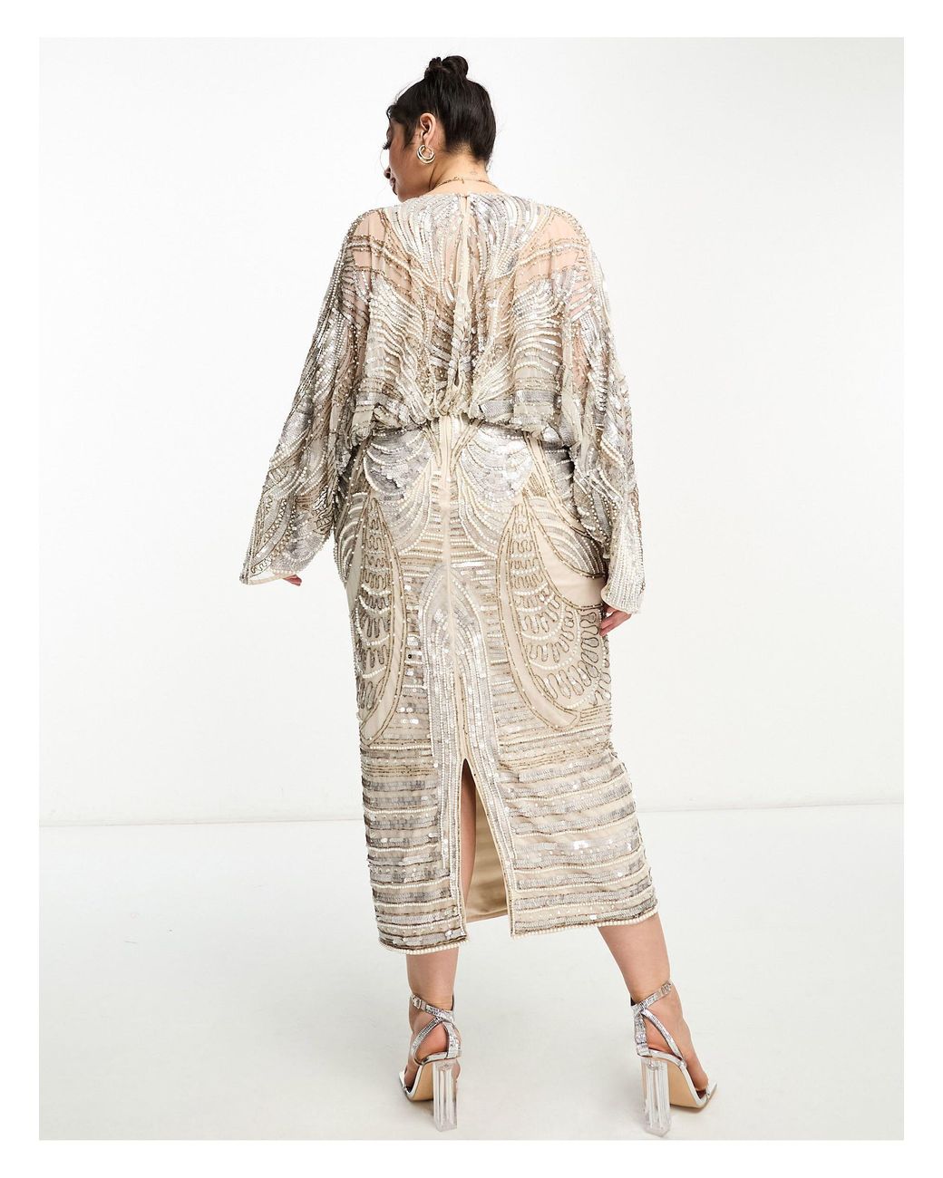 ASOS Curve Kimono Sleeve Midi Dress With Sequin & Pearl Embellishment in Natural