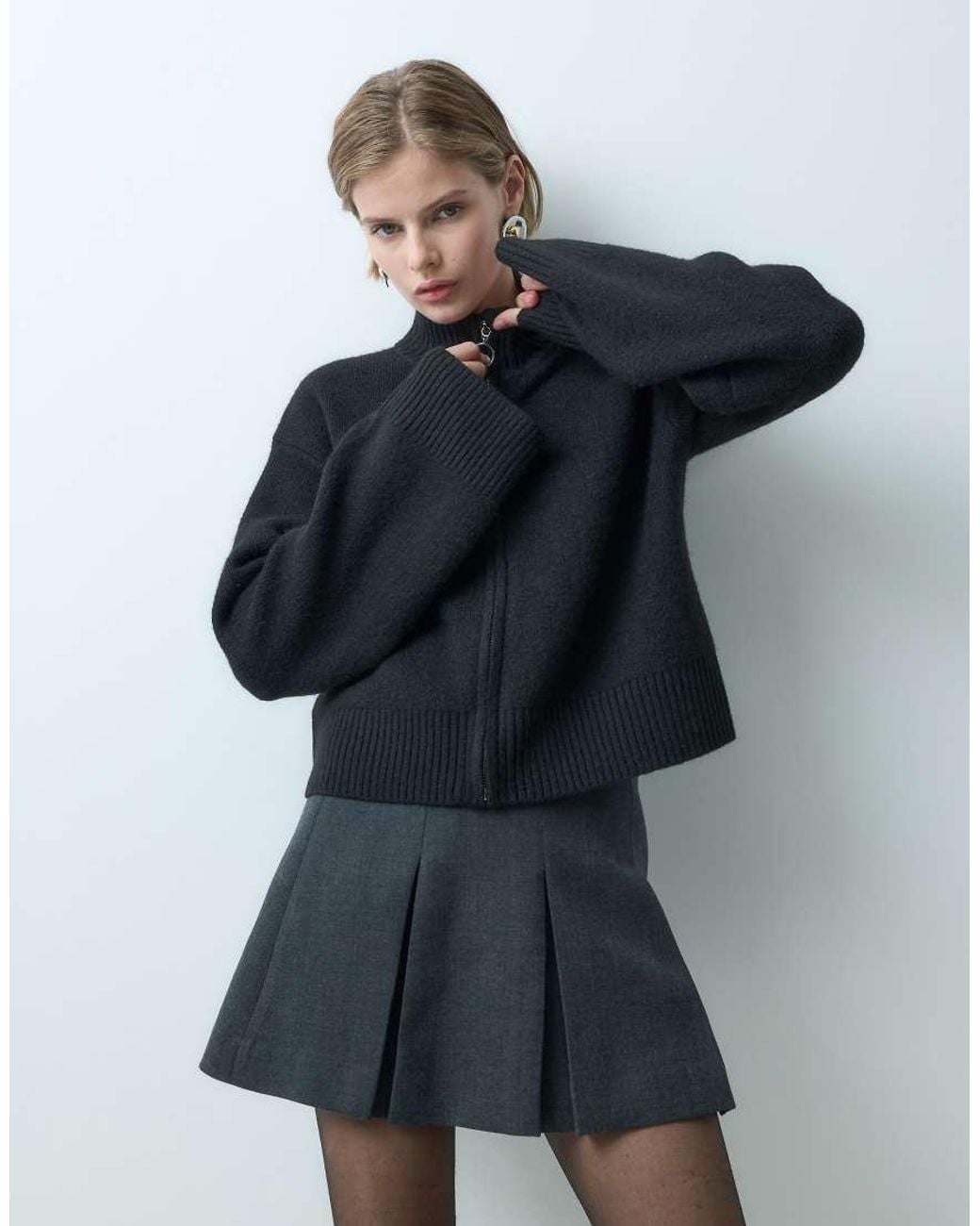 Miss Selfridge Blue Zip Through Funnel Cardigan