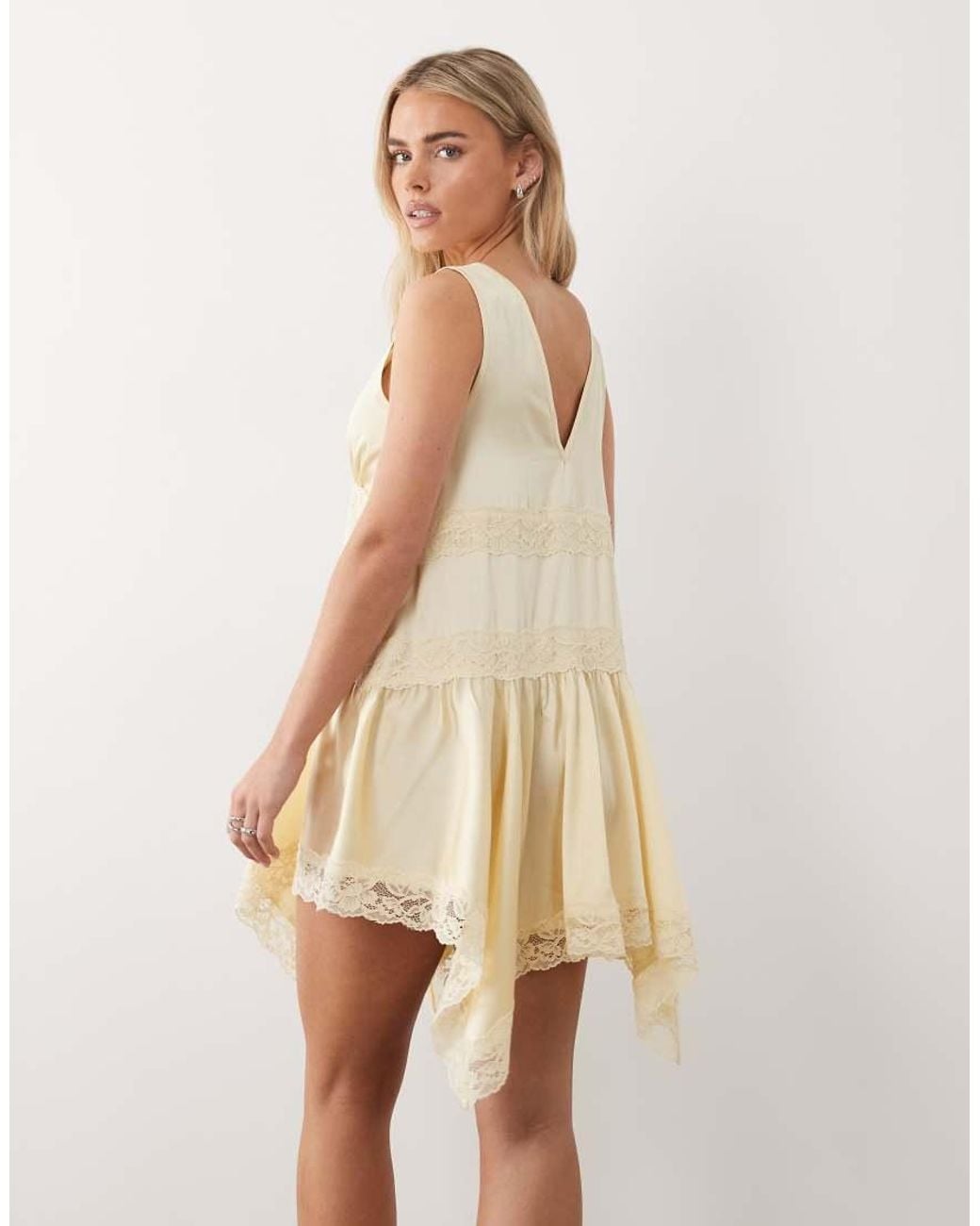 Miss Selfridge Natural Miss Selfridge Boho Petite Satin Lace Insert Hanky Hem Mini Dress