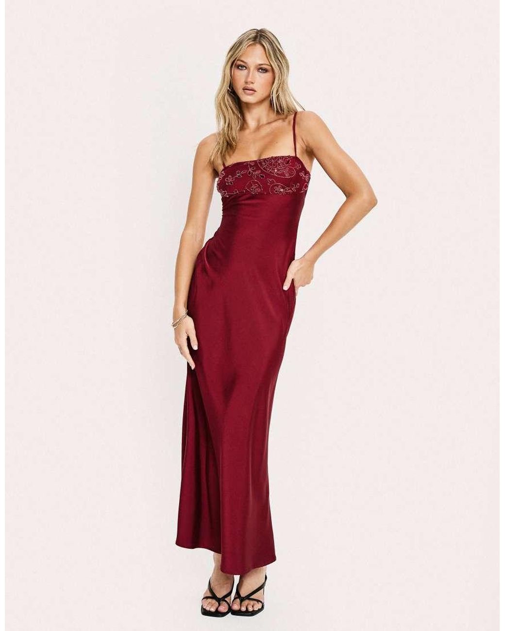 Princess Polly Red Engracia Satin Sequin & Bead Detail Cami Square Neck Maxi Dress