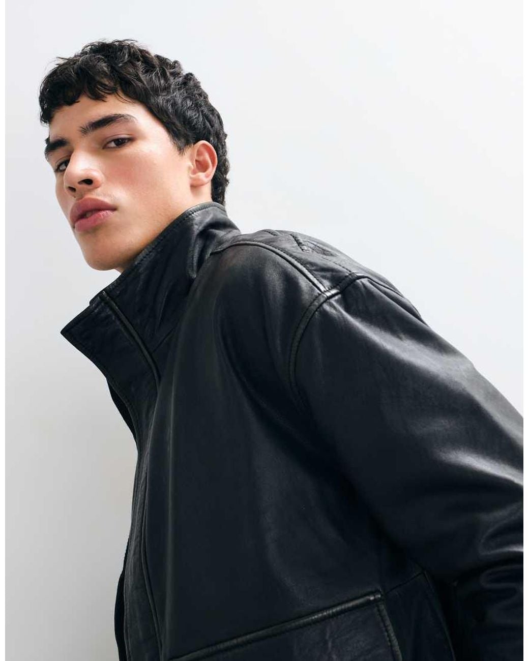 Barney's Originals Blue Real Leather Funnel Neck Bomber Jacket for men