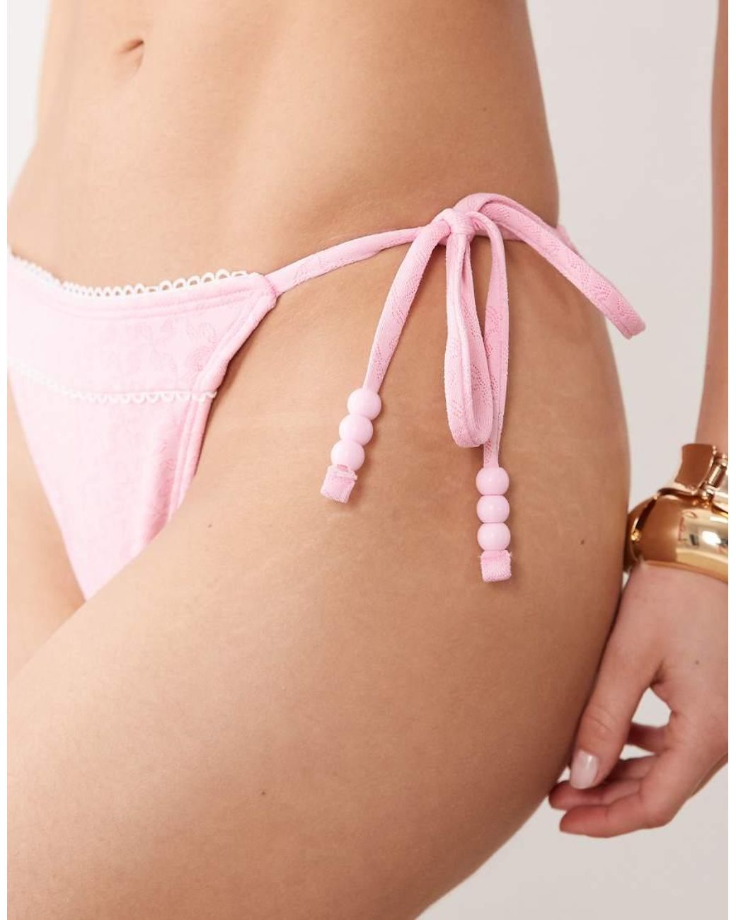 Miss Selfridge Pink Pointelle Lace Trim Tie Side Bikini Bottom
