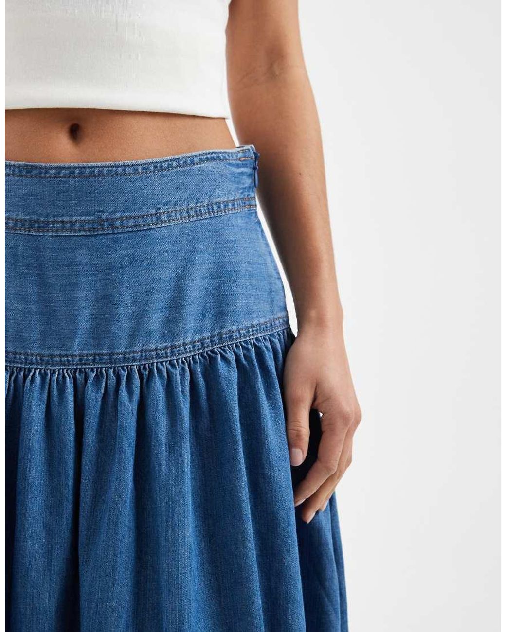 Only Petite Blue Dropped Waist Denim Maxi Skirt