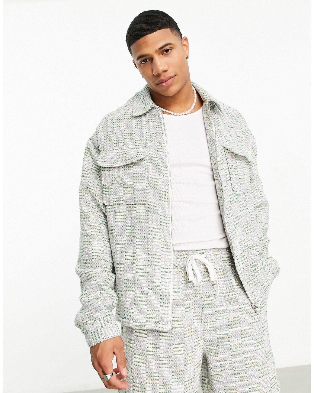 ASOS Oversized Coord Textured Harrington Jacket in White for Men Lyst