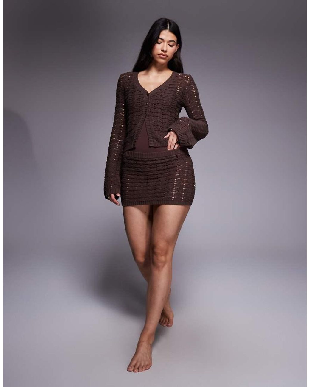 The Frolic Brown Exclusive Cotton Blend Crochet Knit Mini Skirt