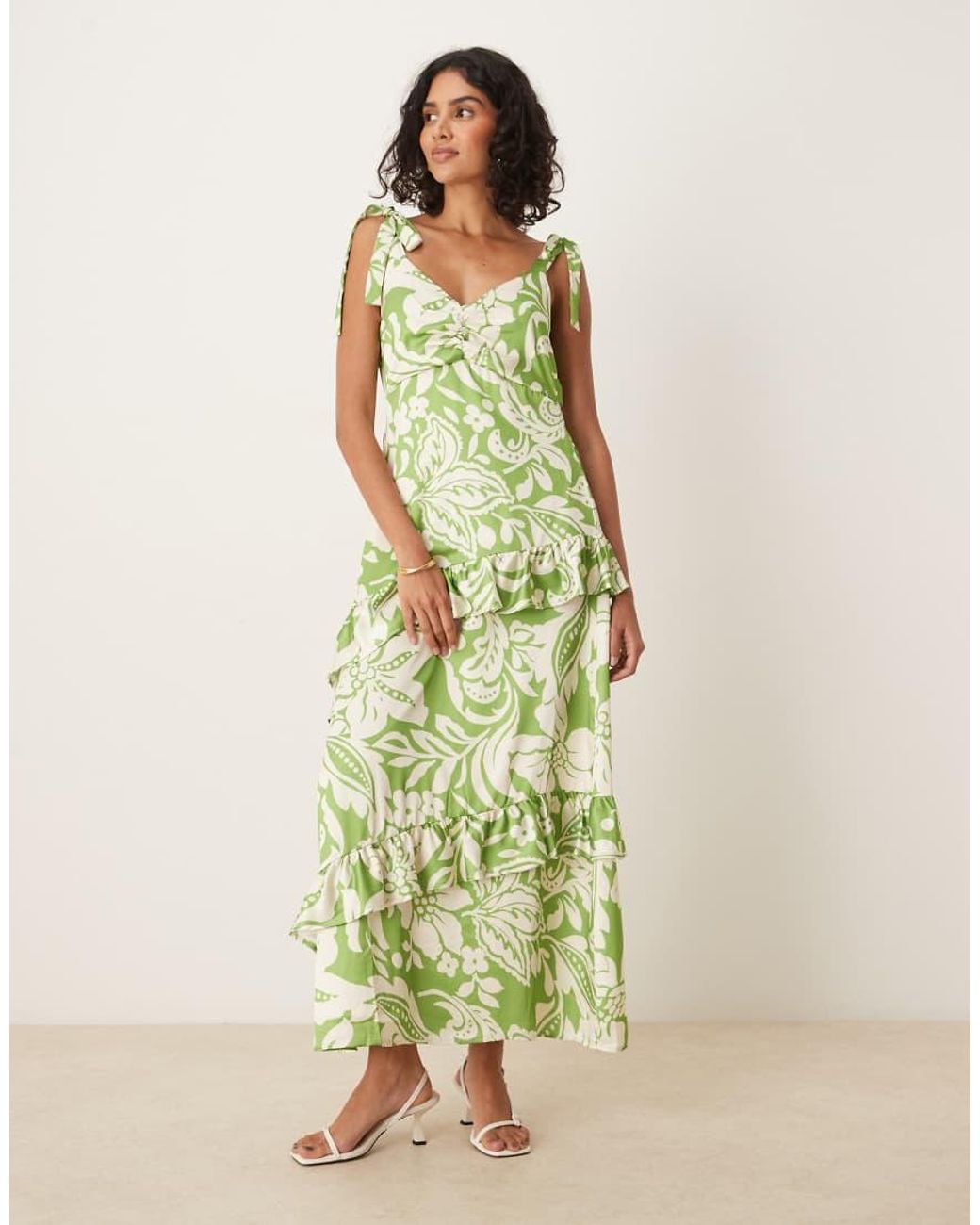 Lovedrobe Green Tie Shoulder Ruffle Midaxi Dress
