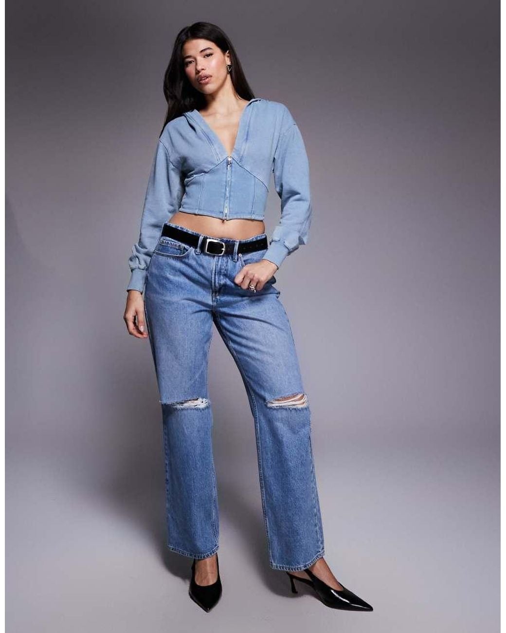 GOOD AMERICAN Blue Cropped Corset Detail Hoodie