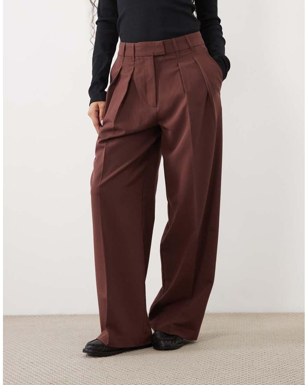 ASOS Brown Petite Tailored Wide Leg Trousers With Pleat Detail