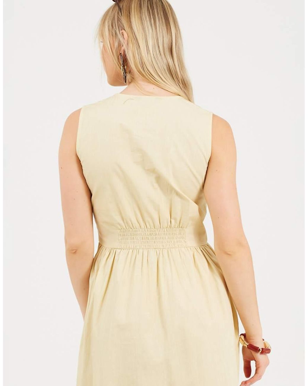 Brave Soul Natural Sleeveless V-Neck Button Down Midi Dress