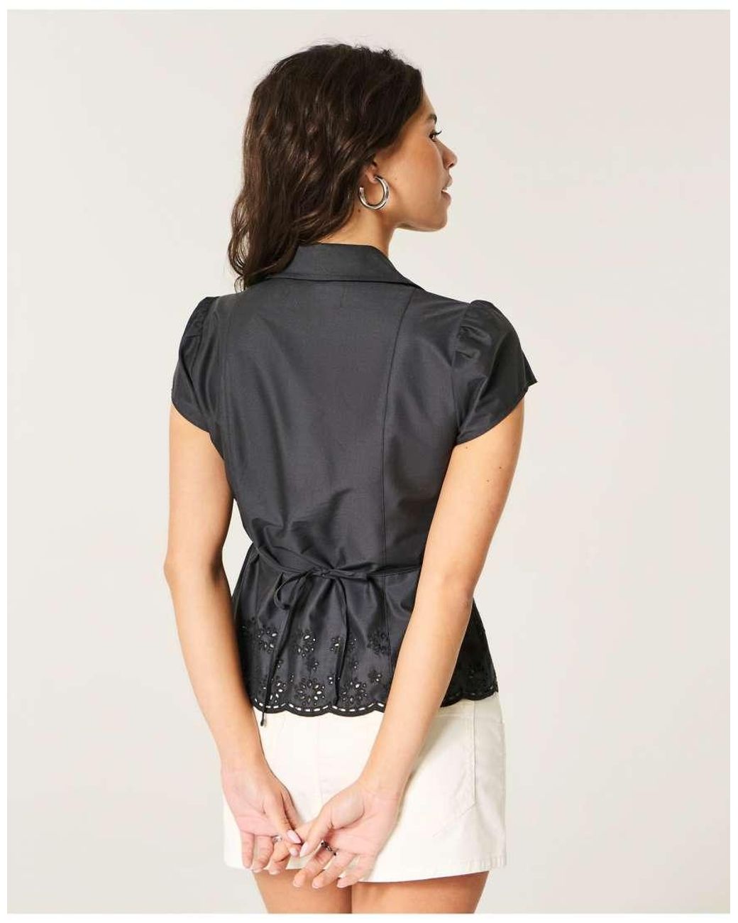 Hollister Black Ciara Short-Sleeve Embroidered Hem Shirt