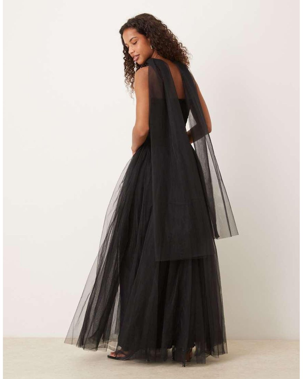LACE & BEADS Black Strapless Drop Hem Corset Maxi With Neck Scarf