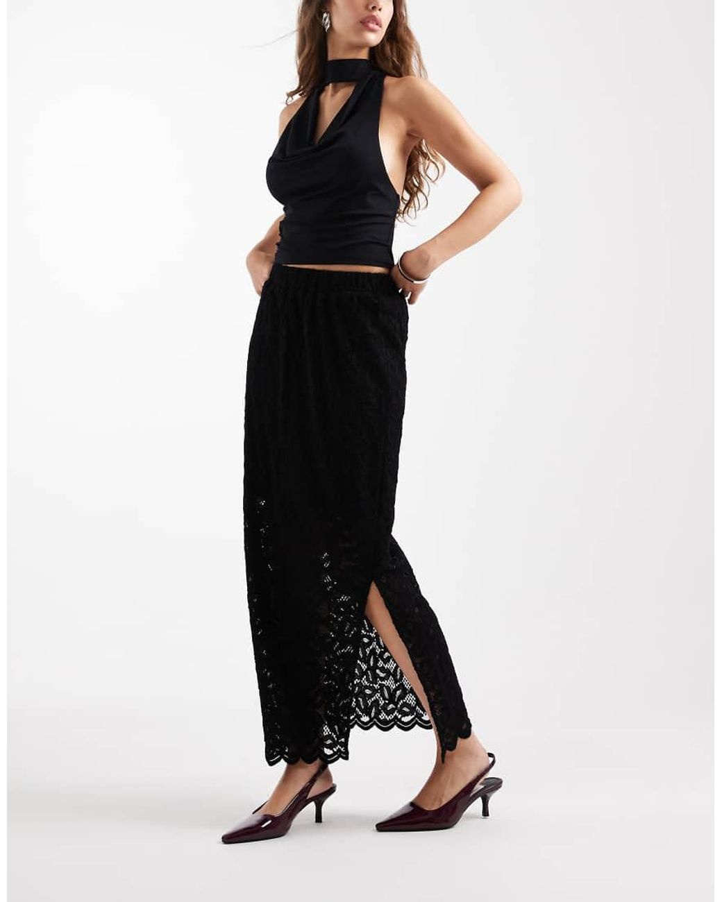 Pieces Black Lace Midi Skirt