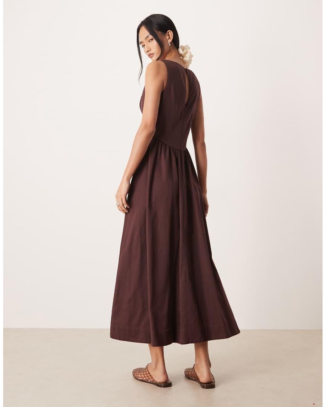 ASOS Brown Waisted V Neck Maxi Dress With Seaming Details