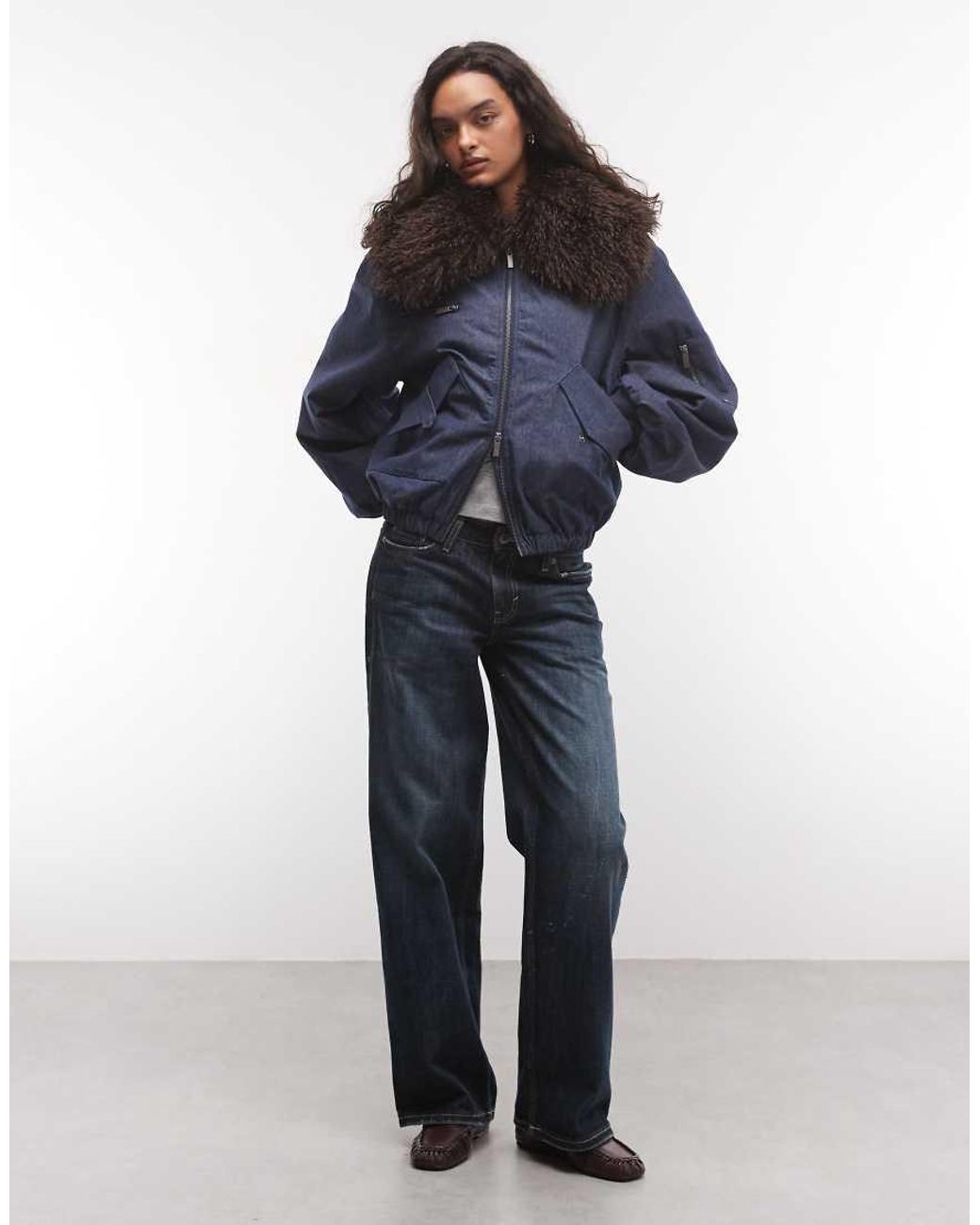 Collusion Blue Padded Bomber Jacket With Faux Fur Collar