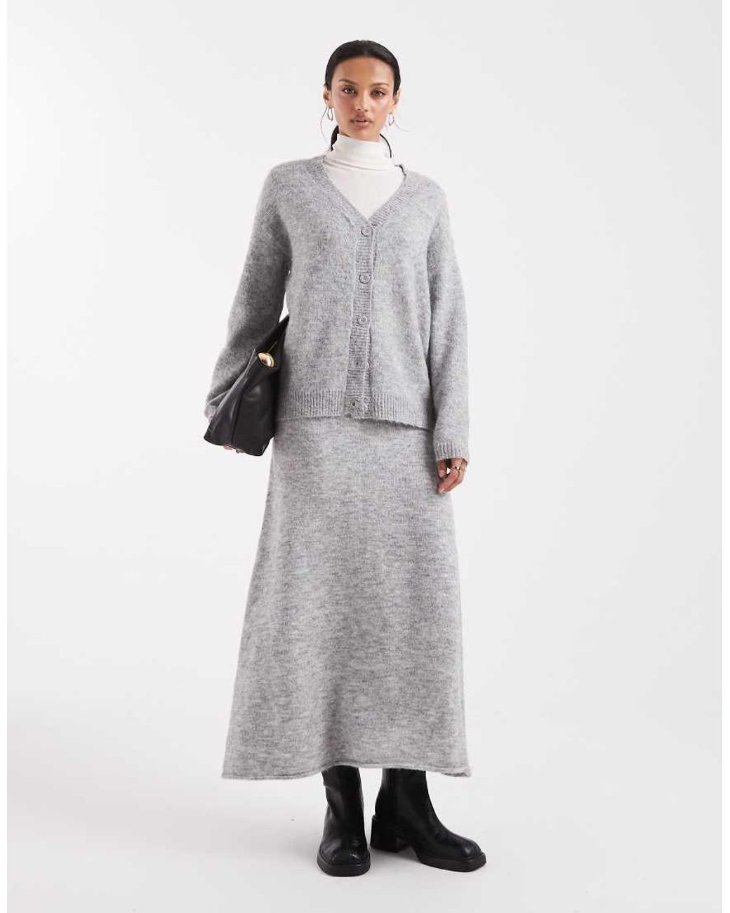Pieces Gray Fluffy Knitted V-neck Slouchy Cardigan Co-ord