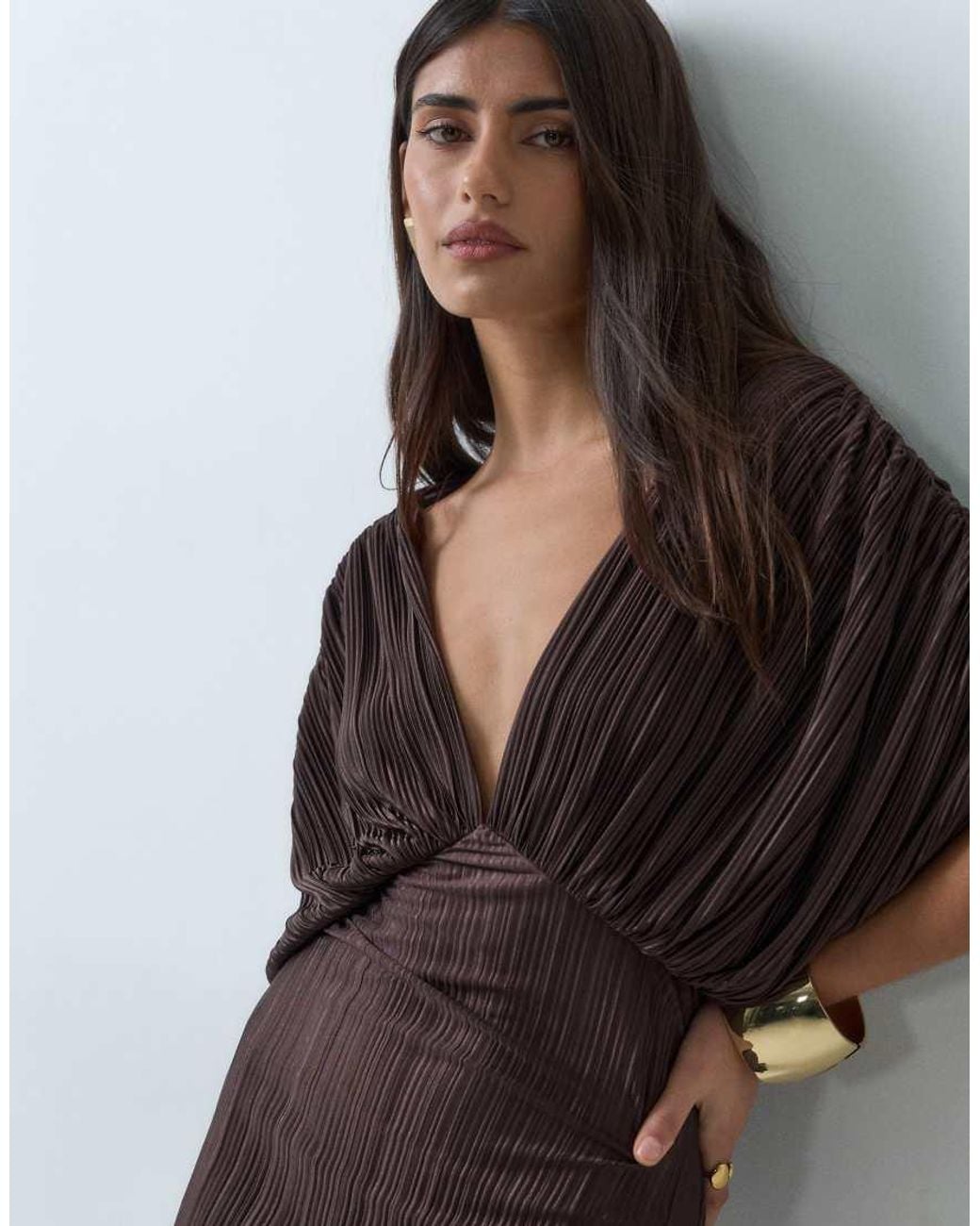ASOS Brown Plunge Batwing Plisse Maxi Dress