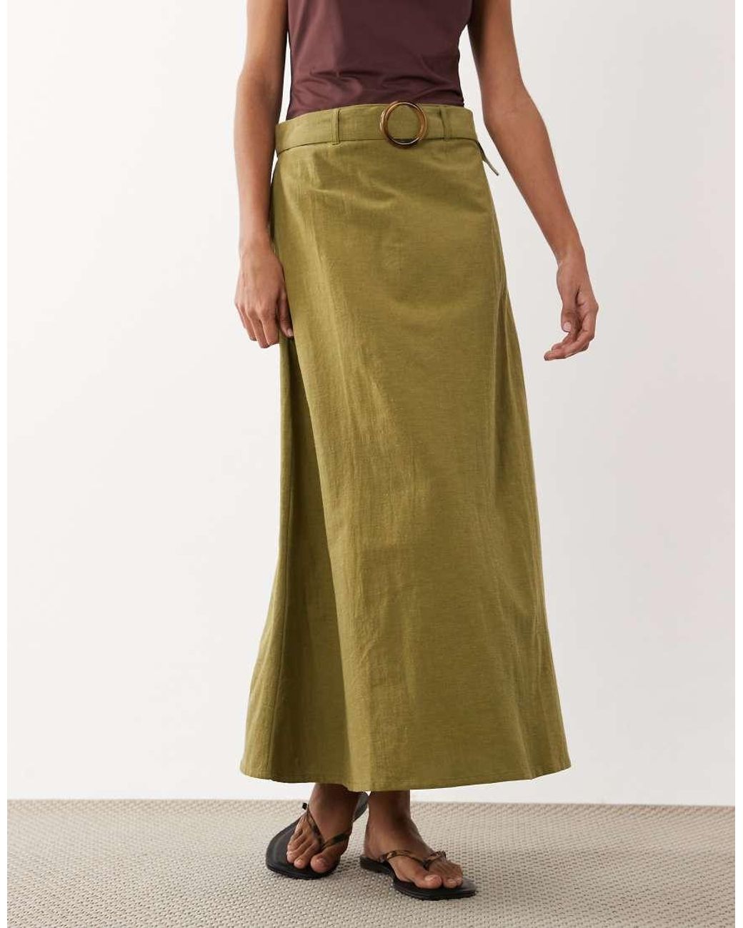 Jdy Green Linen Blend High Waist Belted Maxi Skirt