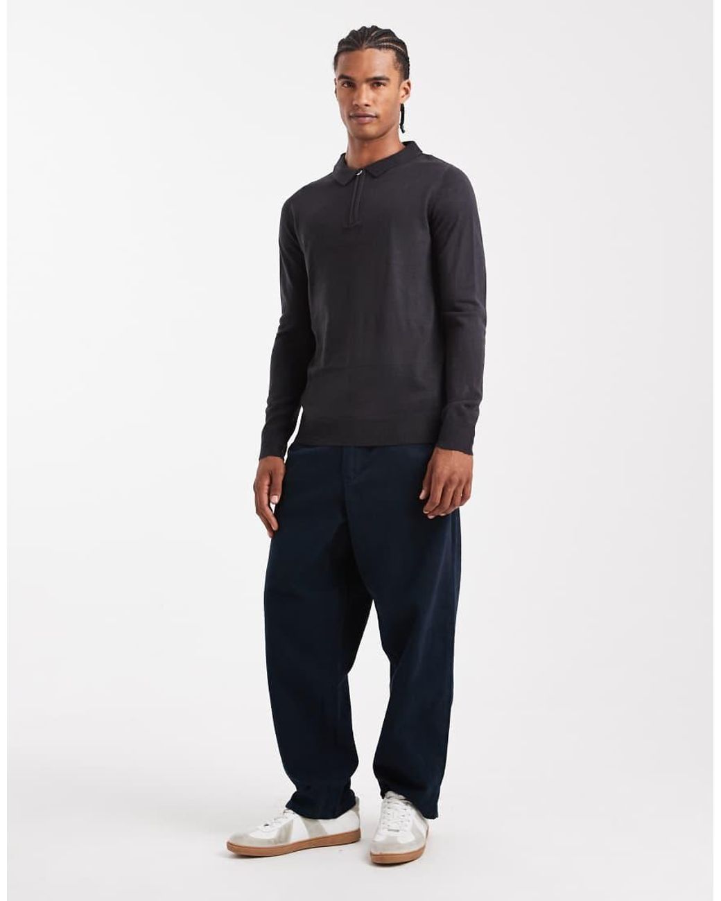 Brave Soul Blue Knitted Ribbed Quarter Zip Jumper for men