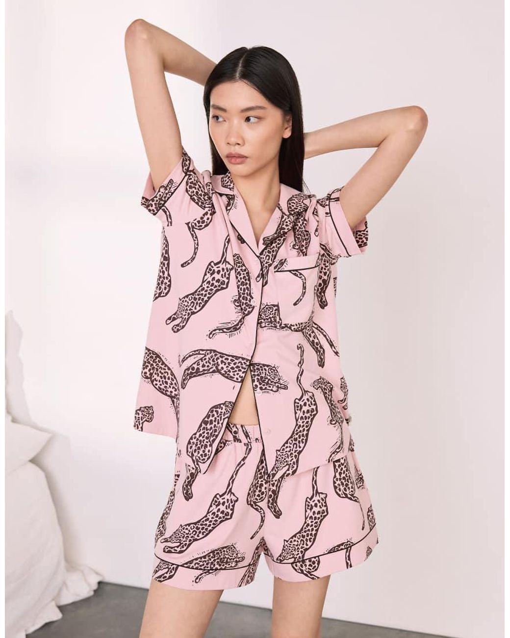 Chelsea Peers Pink Cotton Lino Cut Leopard Print Short Pyjama Set