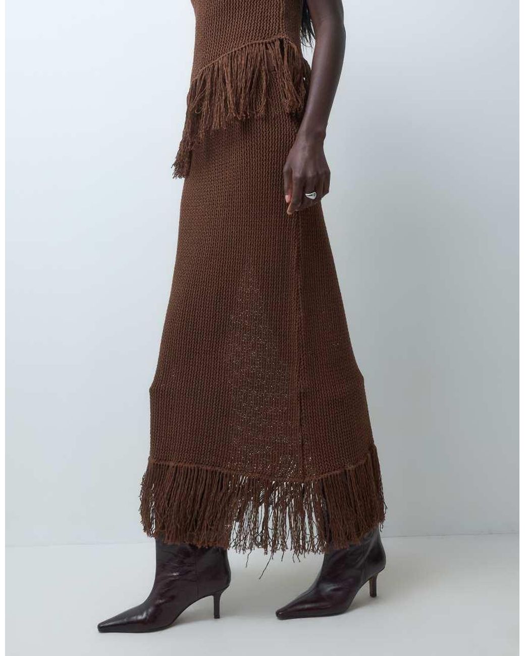 Miss Selfridge Brown Knitted Midi Skirt With Fringing