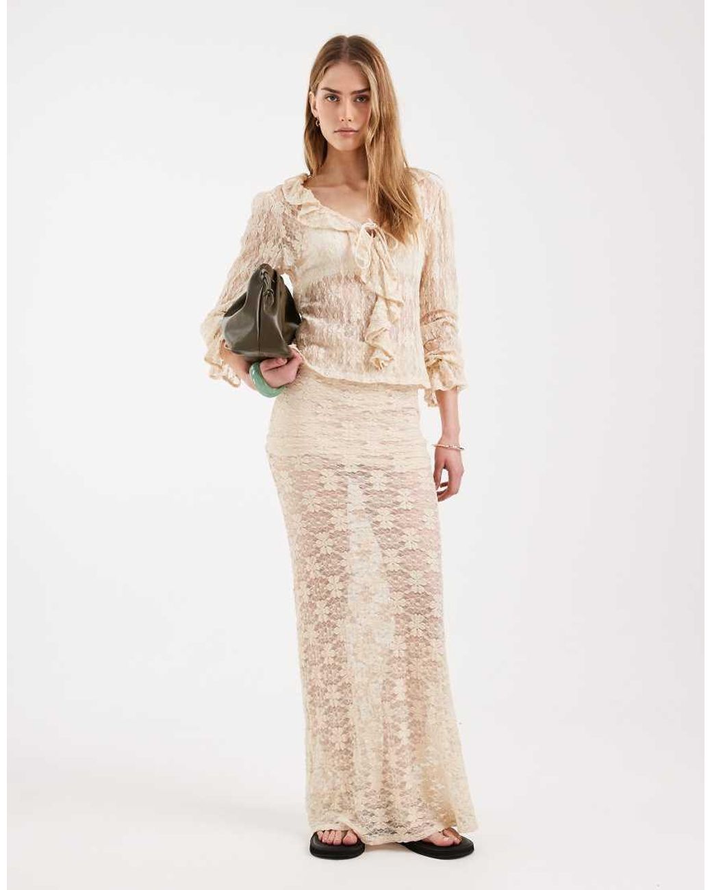 ONLY Natural Long Sleeve Lace Top Co-ord With Ruffle Detail