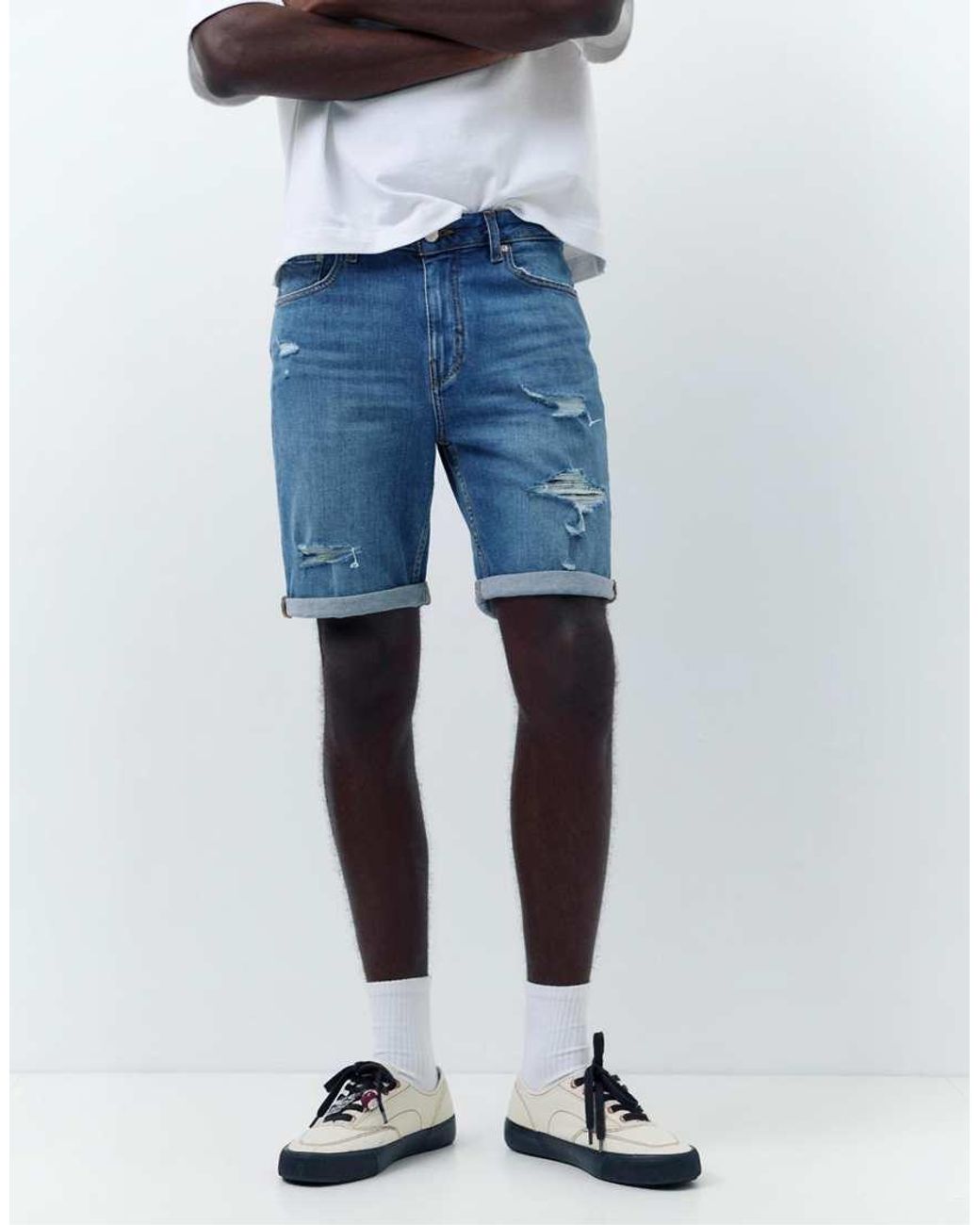 Pull&Bear Blue Ripped Denim Bermuda Shorts for men