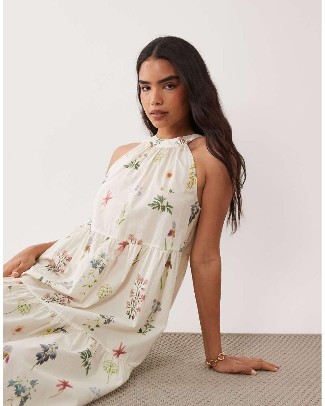 Vila Natural Halter Neck Tiered Maxi Dress