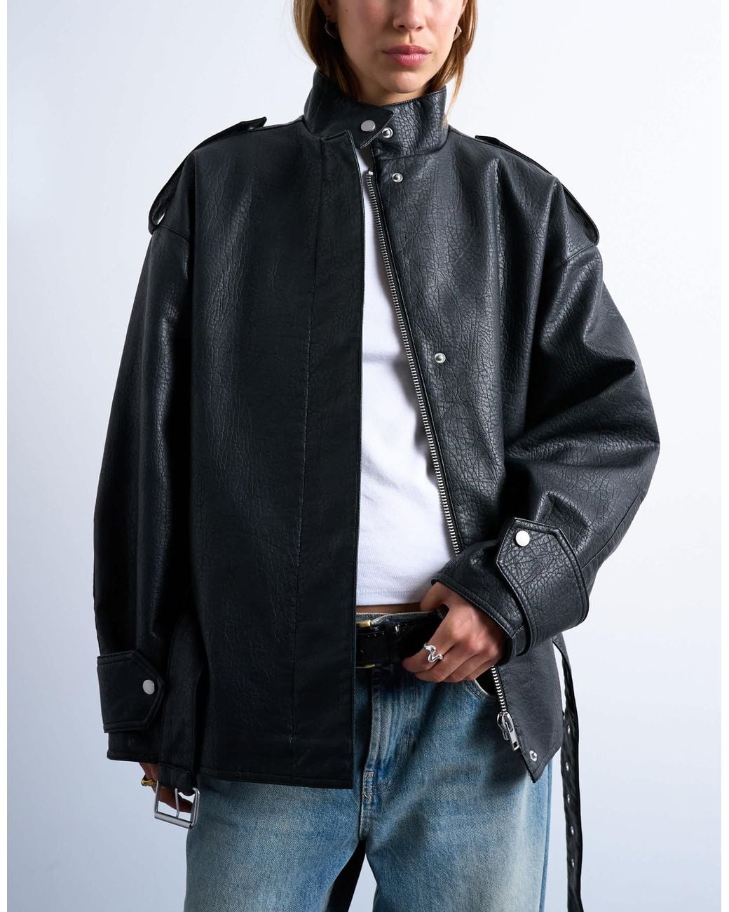 TOPSHOP Black Faux Bubble Leather Short Belted Funnel Bomber Jacket