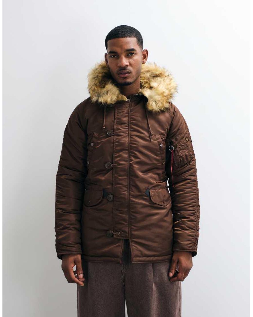 Alpha Industries Brown Faux Fur Hooded Parka Jacket for men