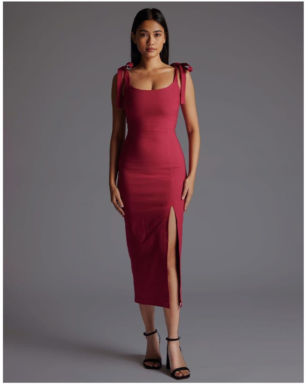 Vesper Red Square Neck Bow Strap Midaxi Dress