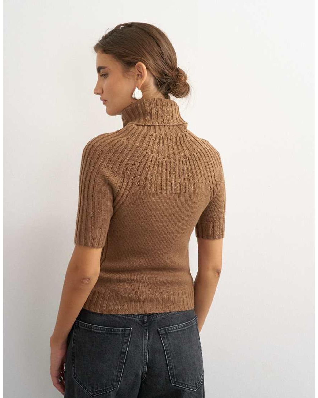 TOPSHOP Brown Knitted Rib Yoke Funnel Neck Top