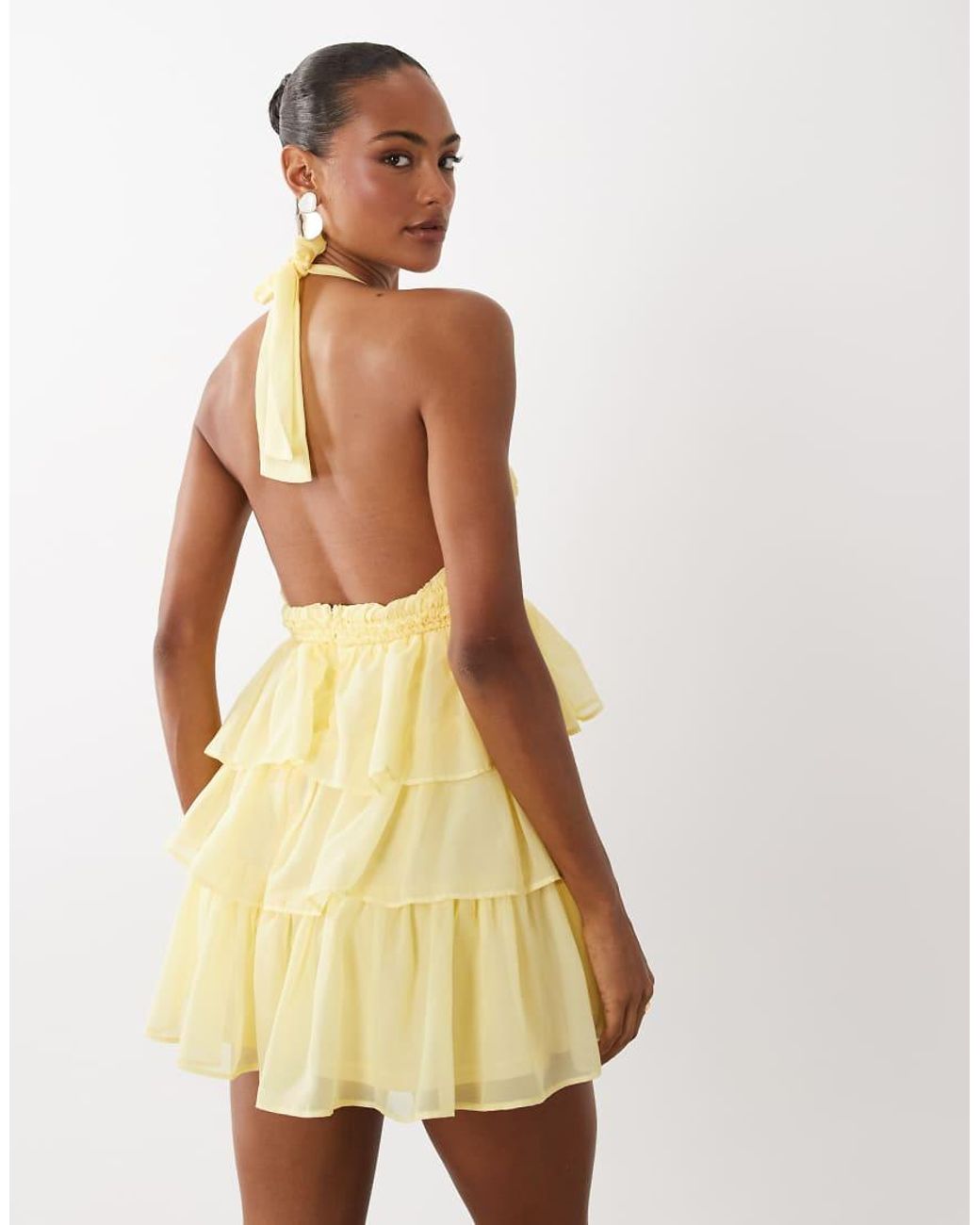 TFNC London Yellow Shirred Chiffon Halter Neck Ruffle Mini Dress
