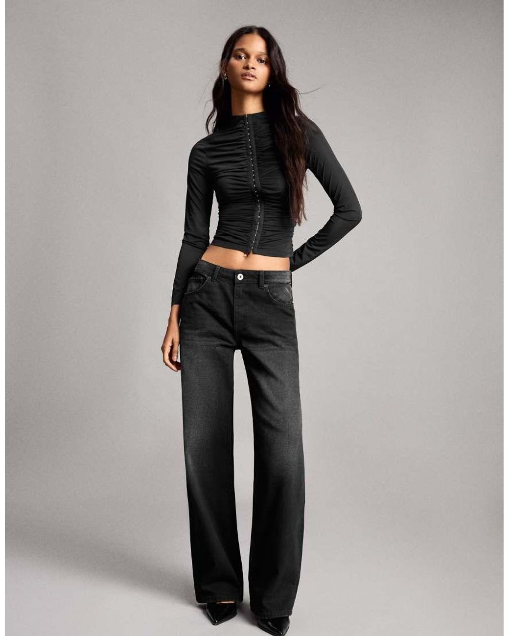 Bershka Black Long Sleeve Gathered Tulle Top