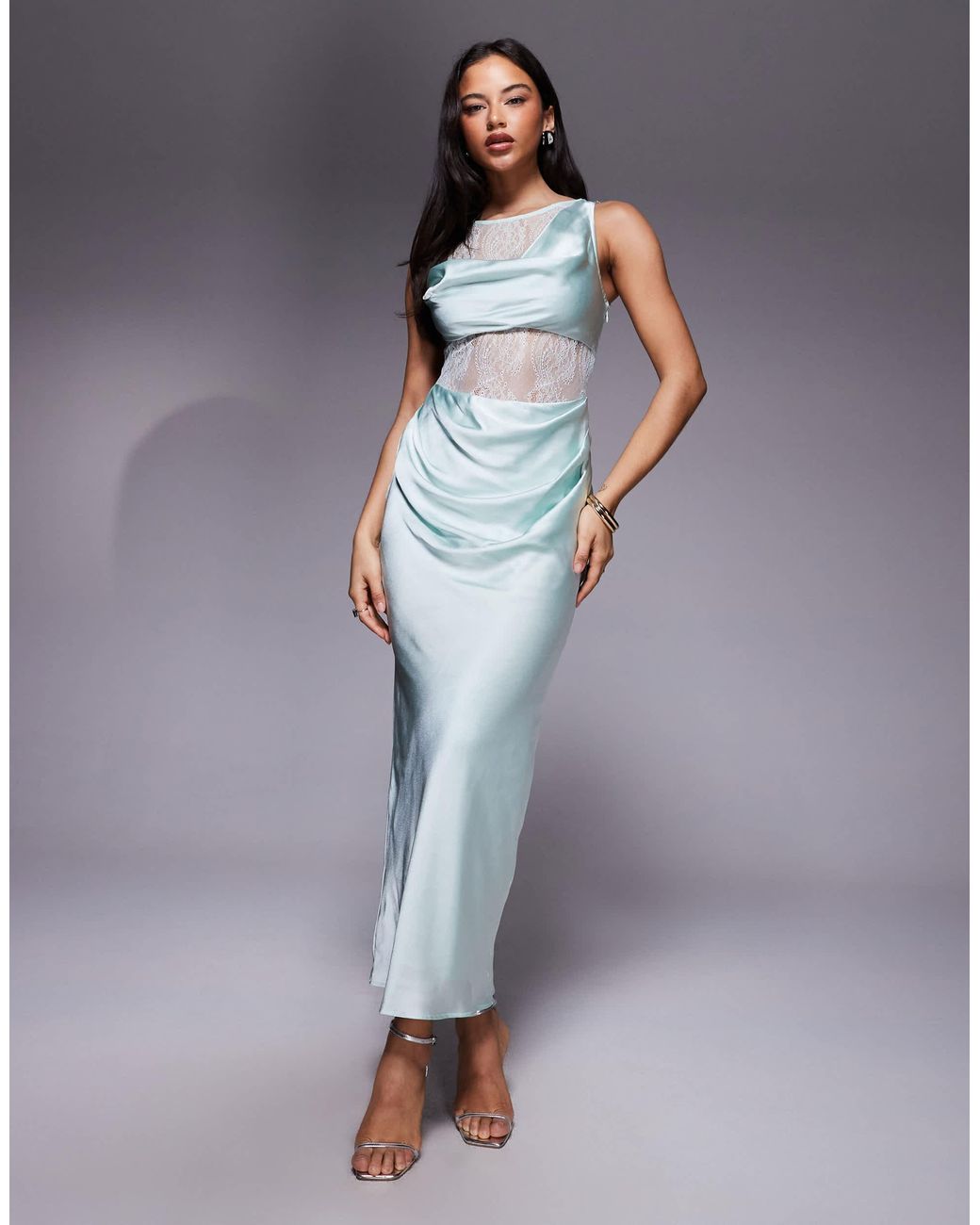 ASOS Lace And Washed Satin Drape Bias Cut Maxi Dress in Natural | Lyst