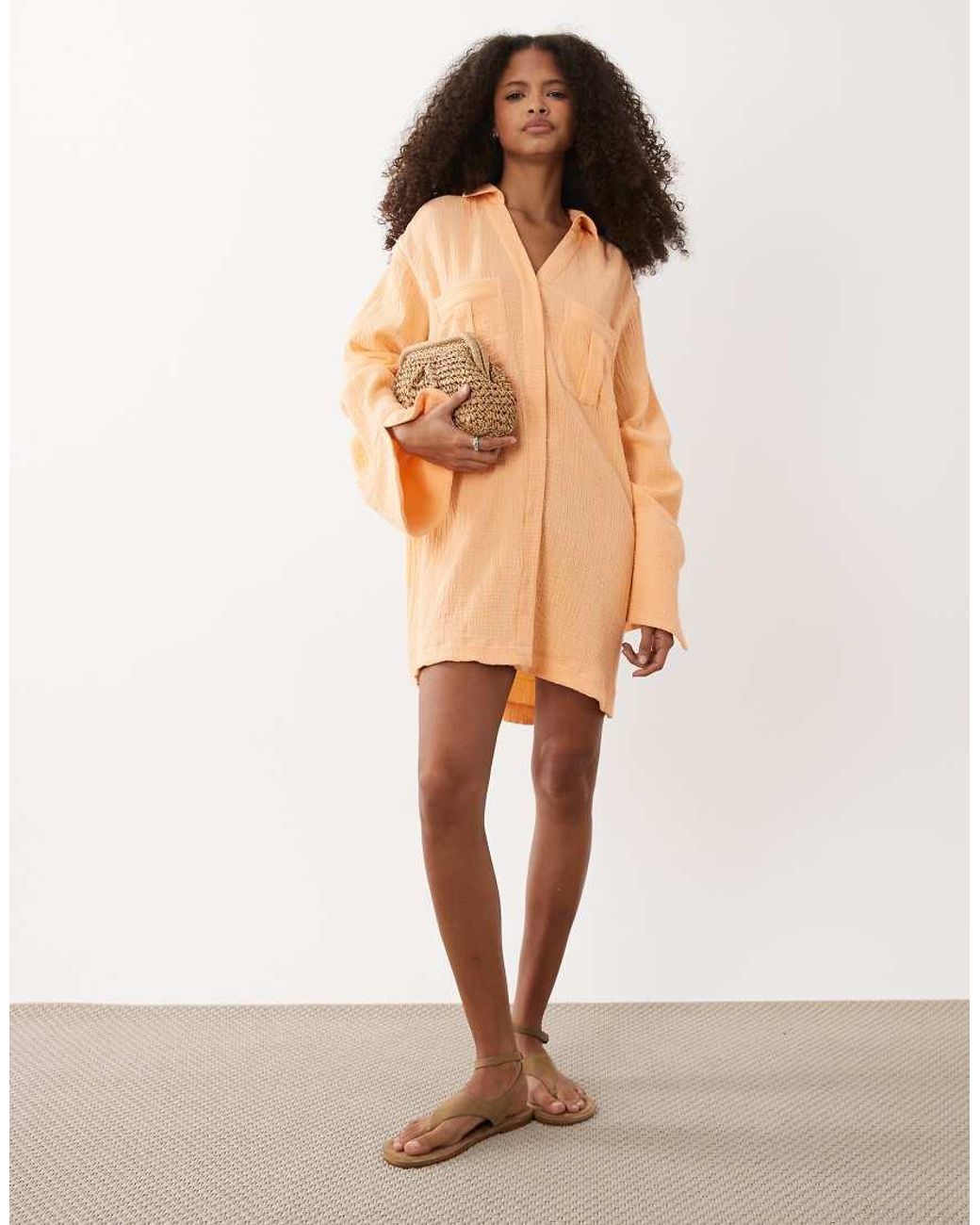 ASOS Orange Double Cloth Mini Shirt Dress With Wide Cuffs And Oversized Pockets