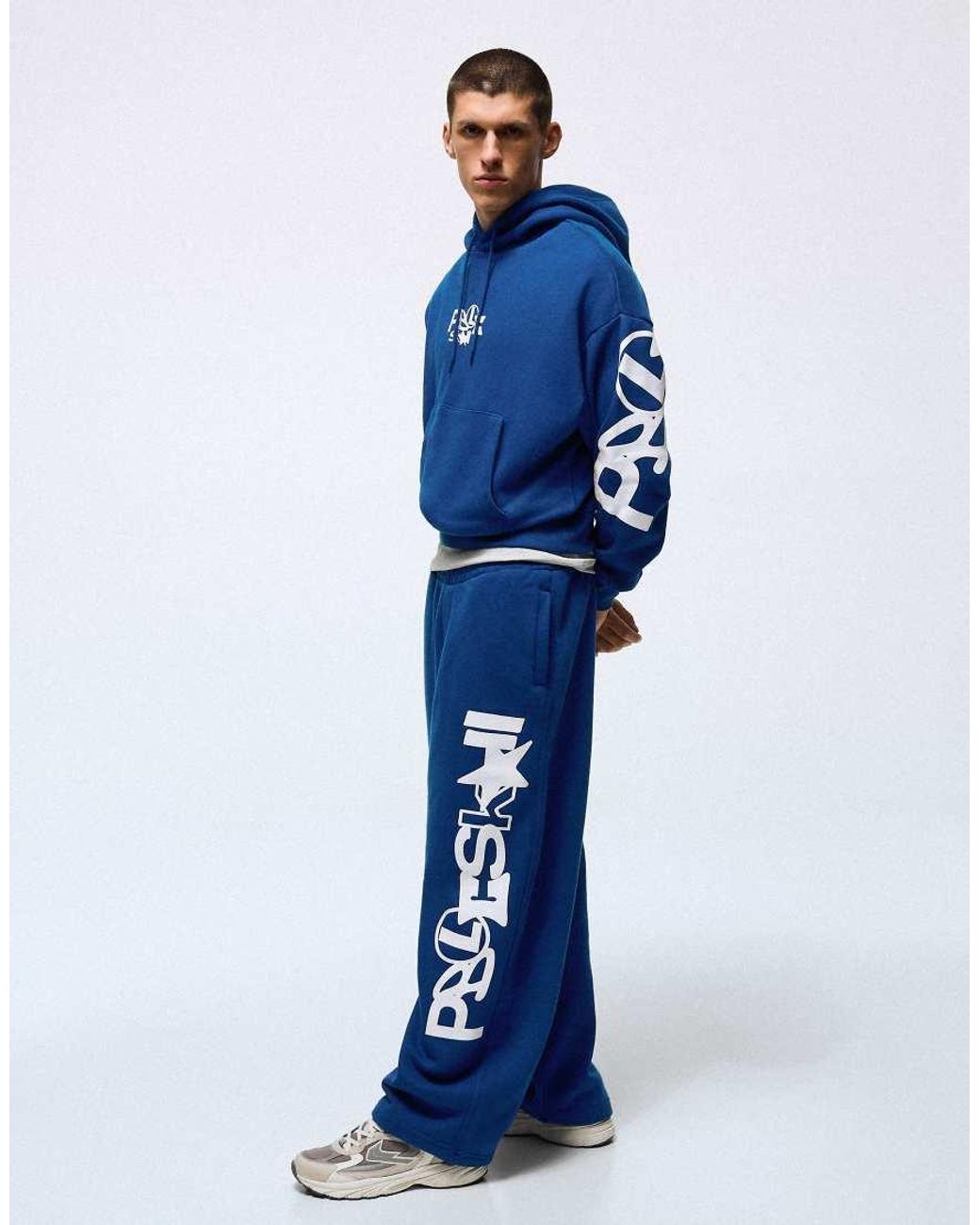 Bershka Blue Printed Hoodie for men