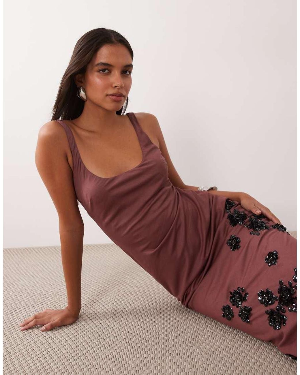 ASOS Pink Column Maxi Dress With Floral Hem Embellished Dress
