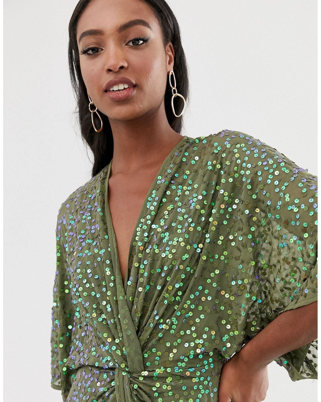 asos design scatter sequin knot front kimono midi dress ASOS Scatter Sequin Knot Front Kimono Midi Dress
