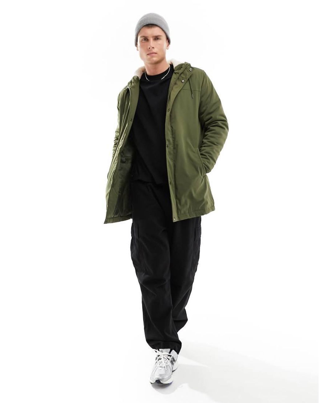 Only & Sons Green Parka With Borg Lined Hood for men