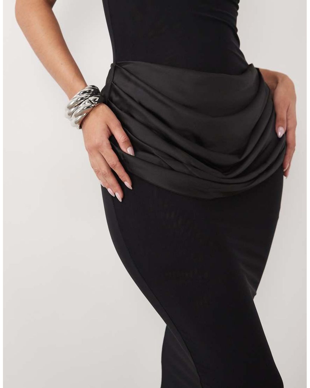 Wanderdoll Black Eman Sleeveless Slash Neck Satin Draped Waist Detail Bodycon Maxi Dress