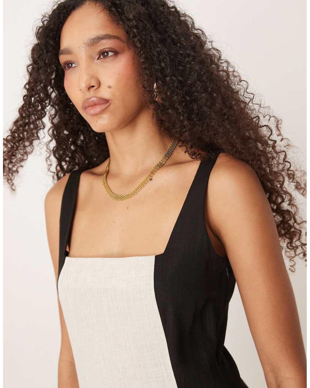 Pretty Lavish Natural Square Neck Contrast Linen Look Maxi Dress