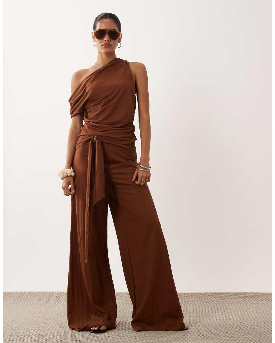 ASOS Brown Linen Look Sarong Detail Wide Leg Trouser Co-ord