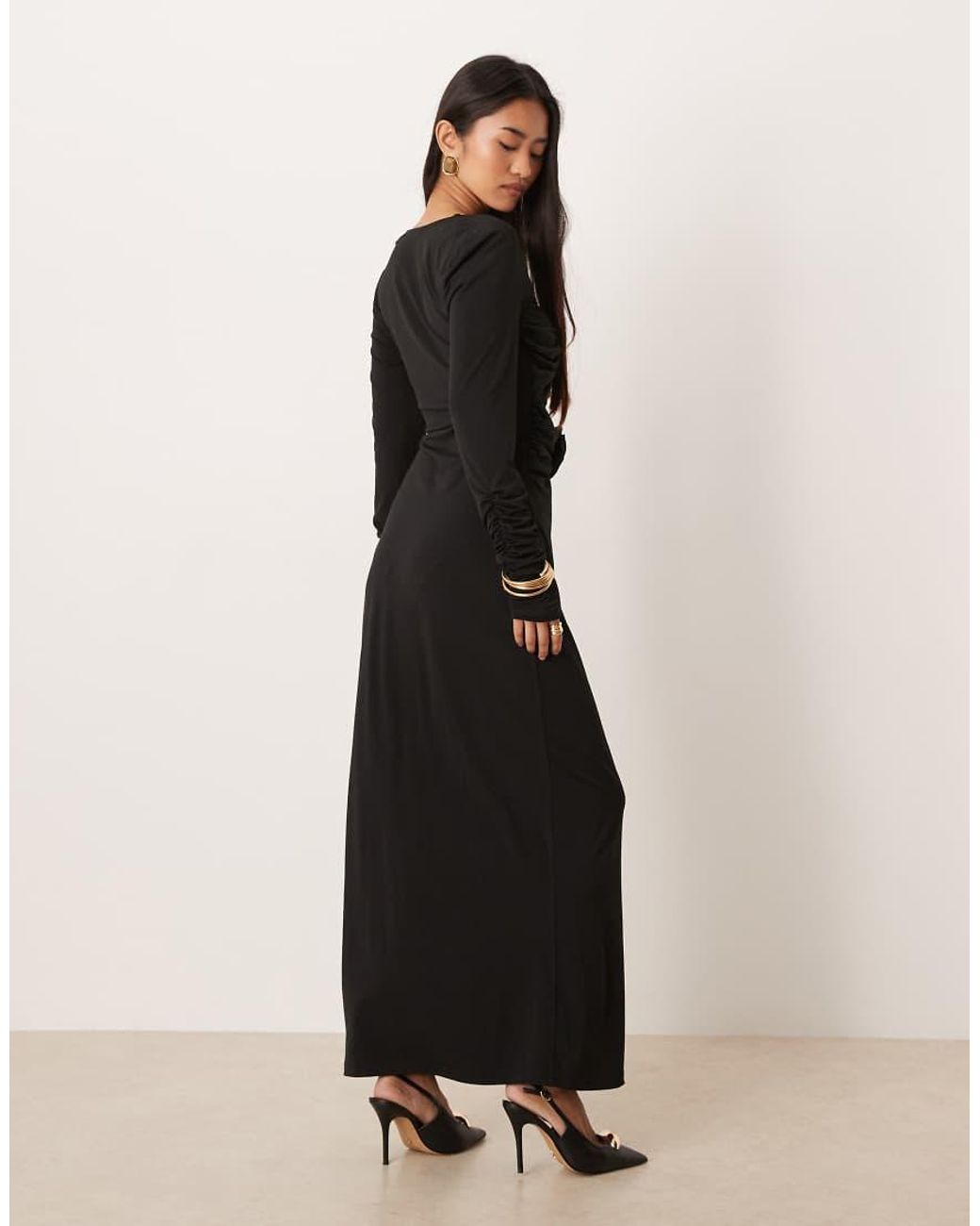 Y.A.S Black Long Ruched Sleeve Slinky Maxi Dress With Rosette Bodice