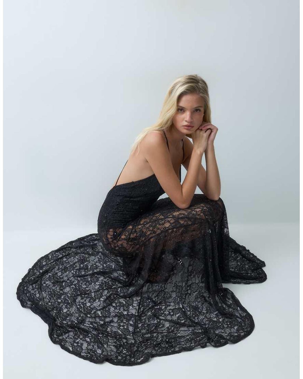 ASOS Blue Lace & Hotfix Plunge Neck Maxi Dress With Dropped Back
