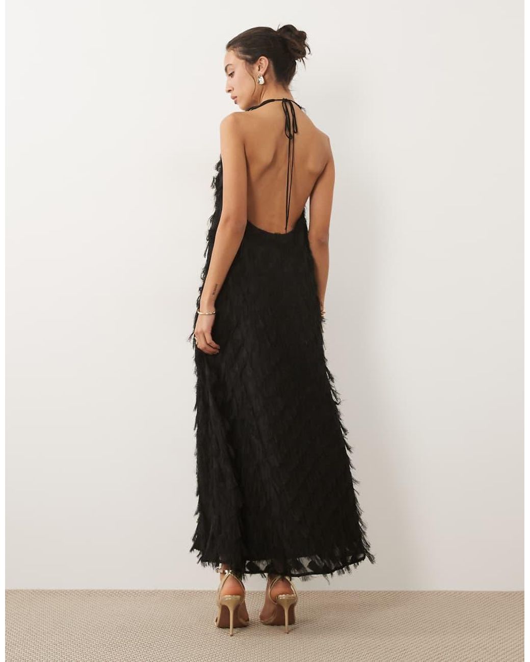 ASOS Black Textured Fringe Plunge Backless Halter Maxi Dress