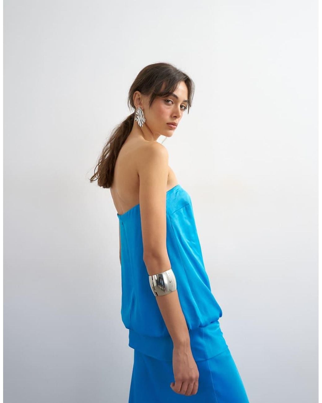 TOPSHOP Blue Satin Dropped Waist Blouson Bandeau Maxi Dress
