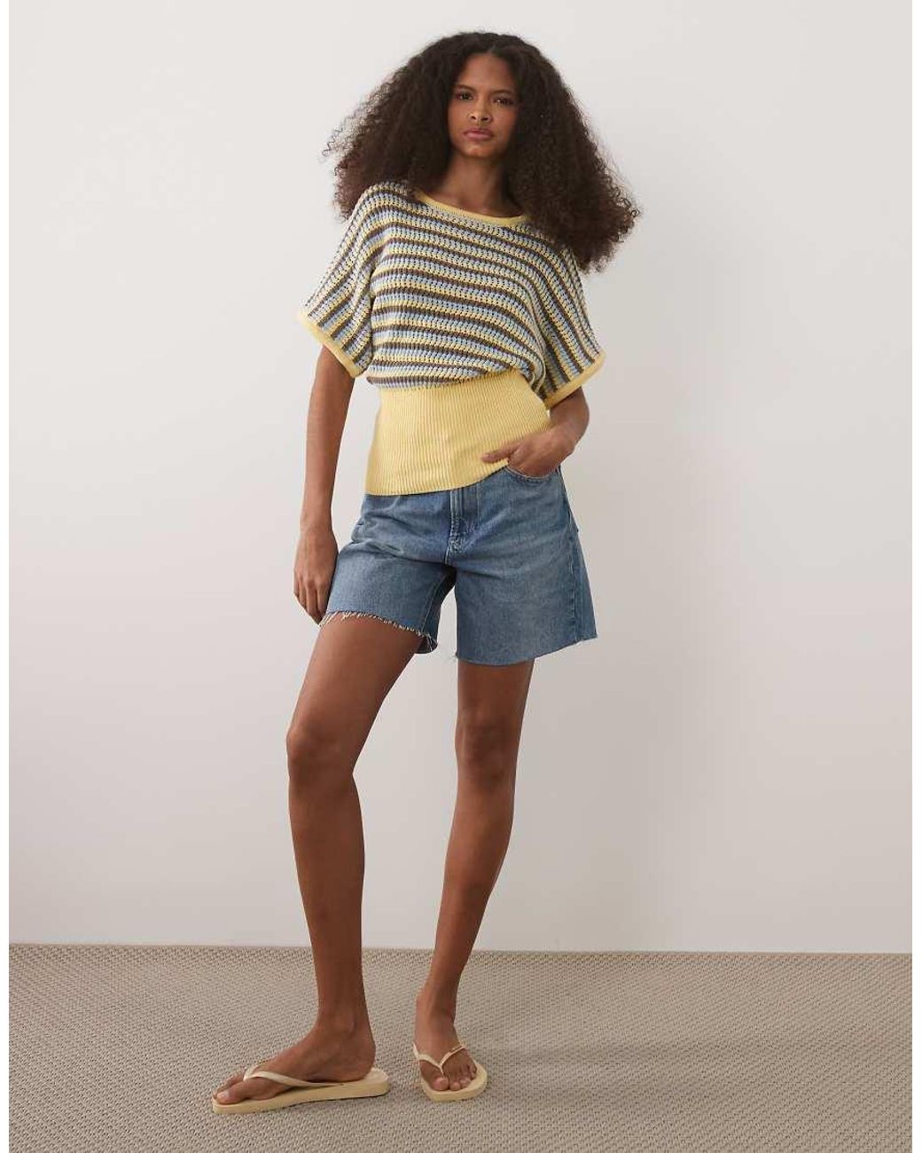 ASOS Multicolor Knitted Cotton Blend Cinch Hem Top