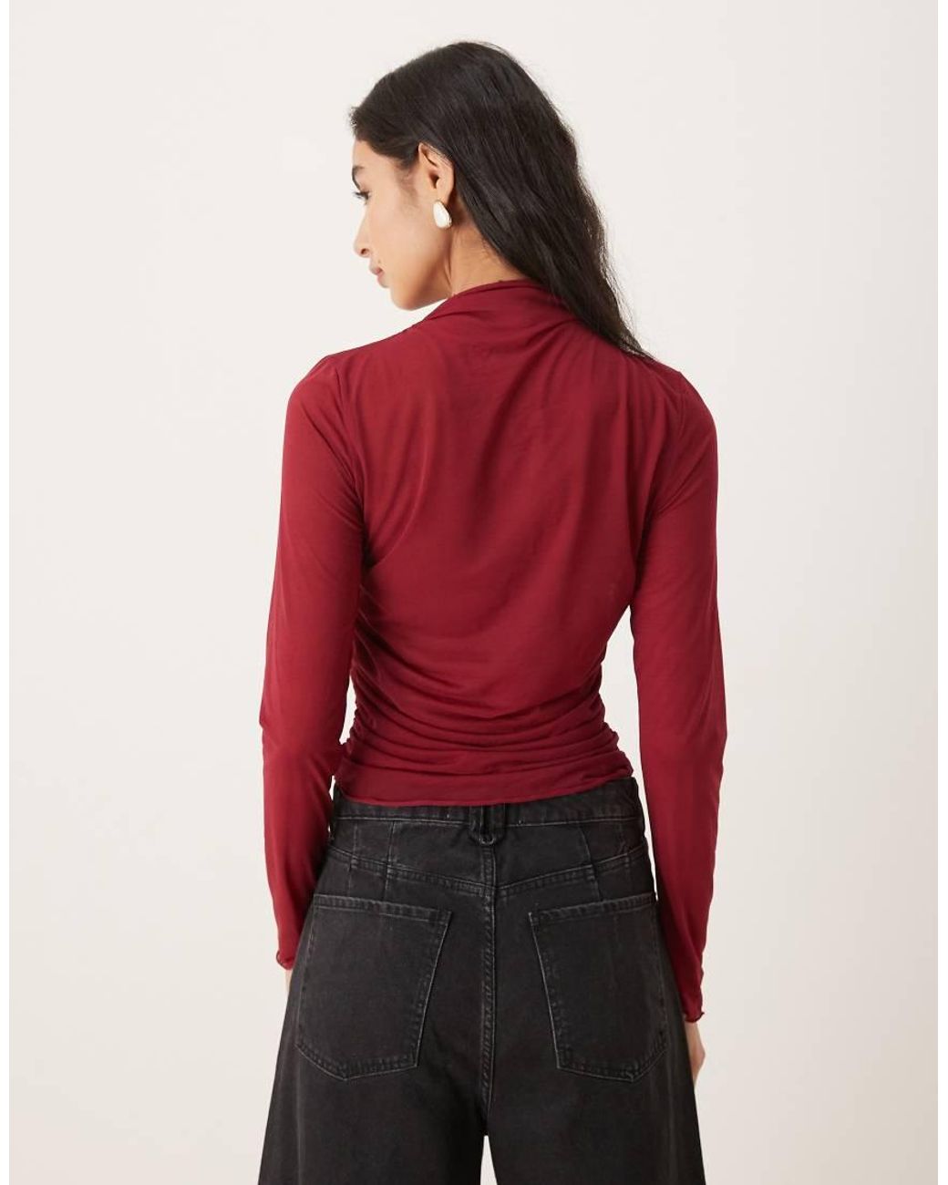 ASOS Red High Neck Mesh Semi Sheer Long Sleeve Top